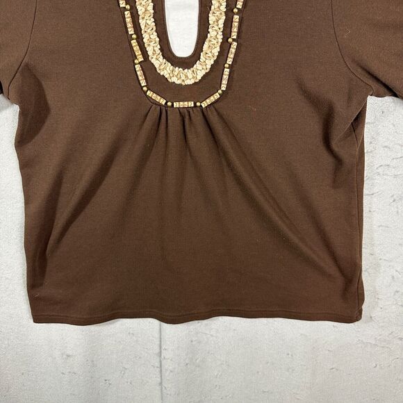 CJ Banks Womens Short Sleeve Top Blouse Brown V Neck Pullover Plus Size X - Picture 5 of 12